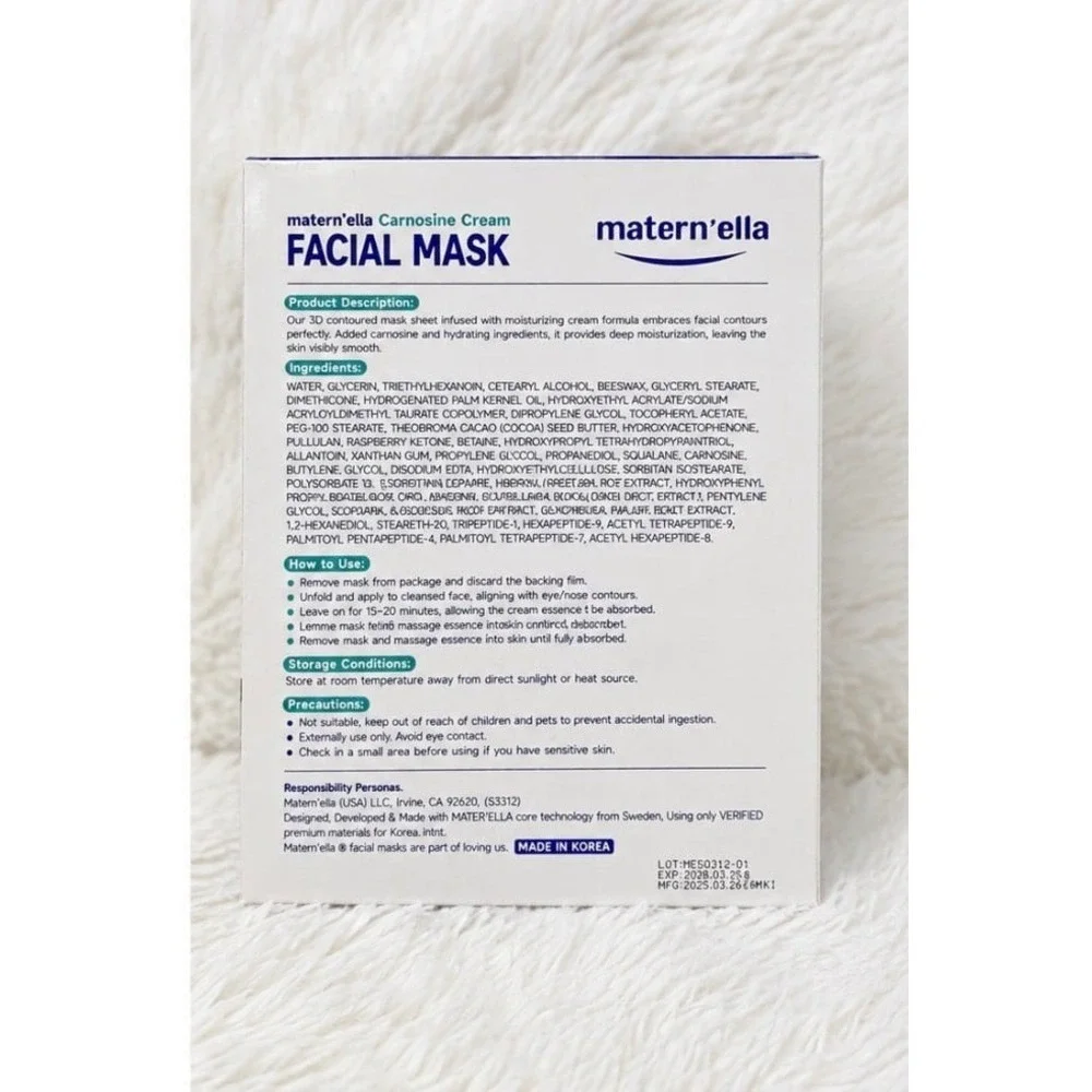 K Beauty matern'ella Carnosine Cream Facial Mask - 10 Pack | New & Sealed